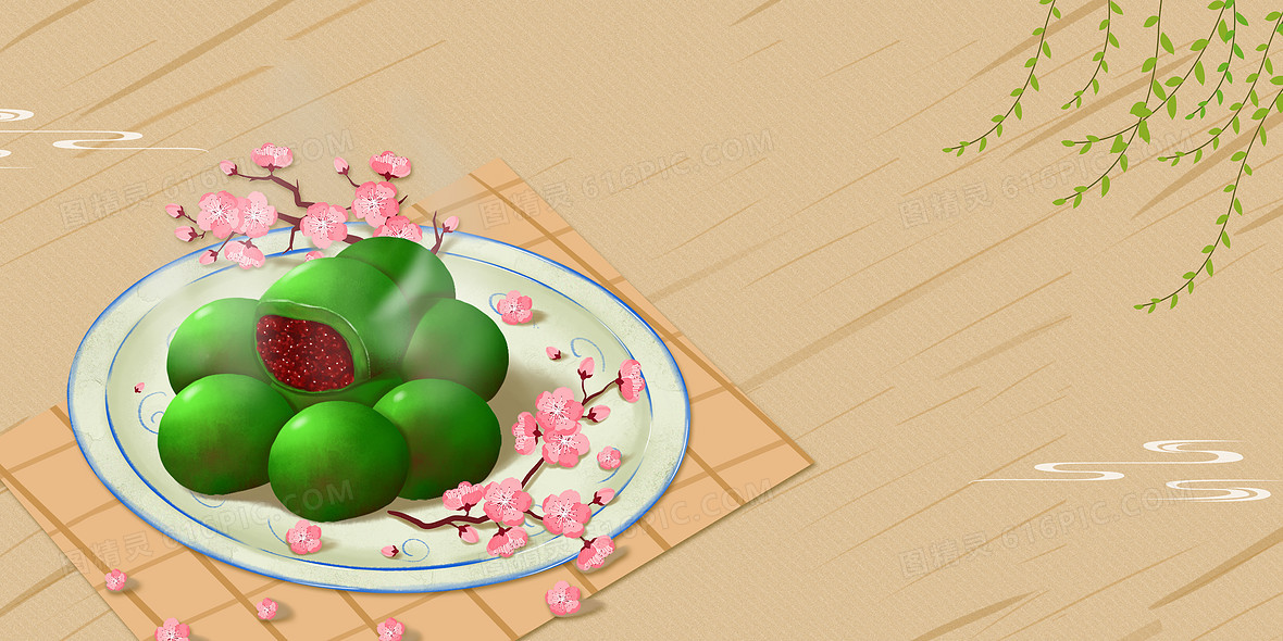 寒食节中国风青团梅花背景