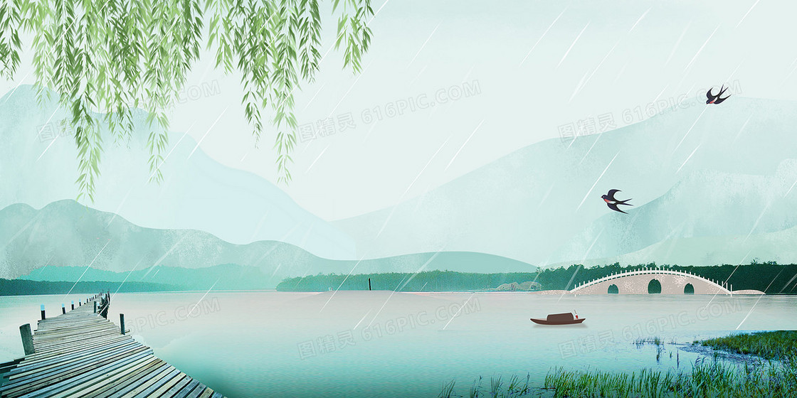 清明雨柳条燕子风景渡头摄影图合成背景