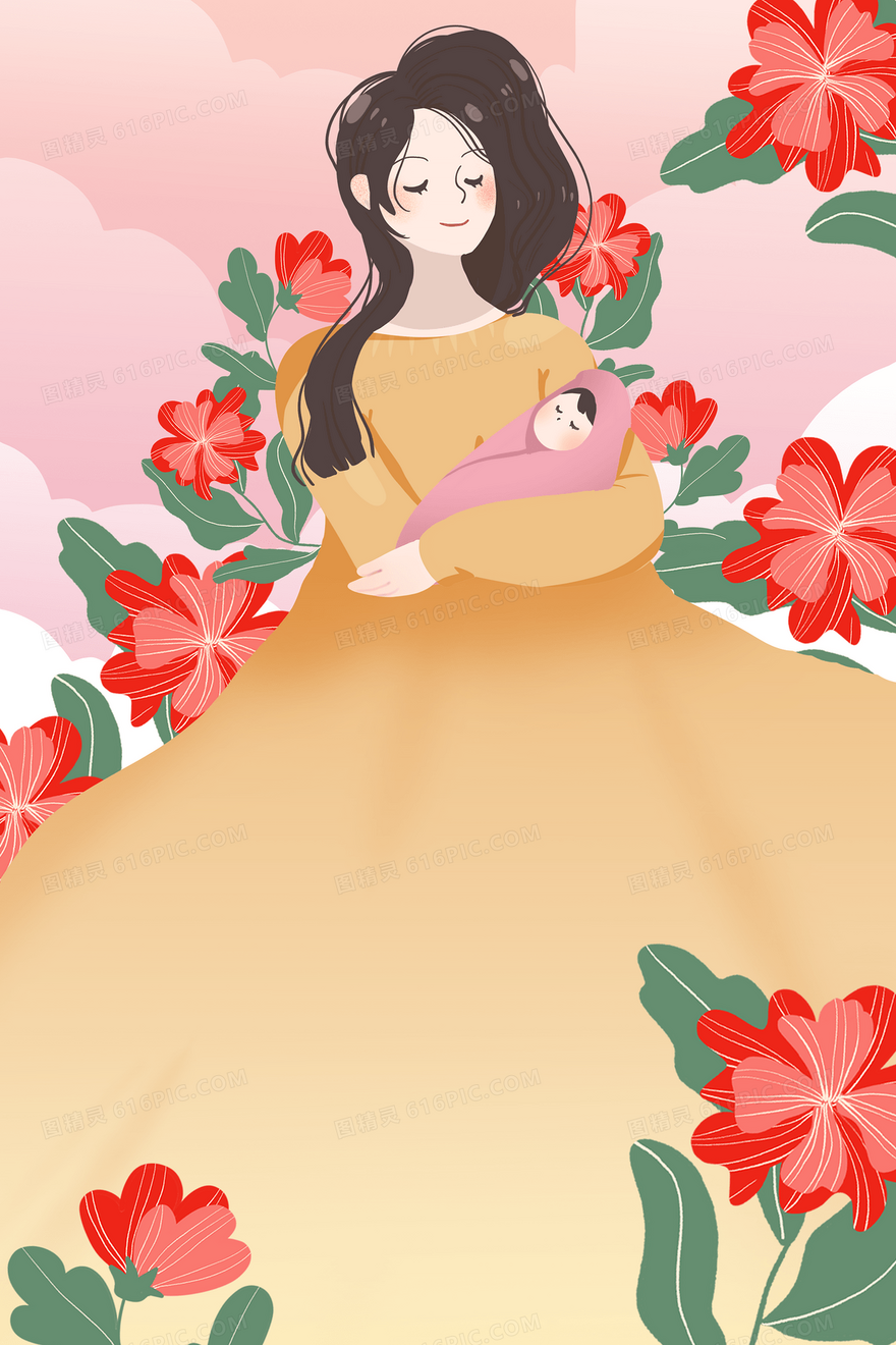 温馨浪漫的原创母亲节怀抱婴儿的妈妈插画背景