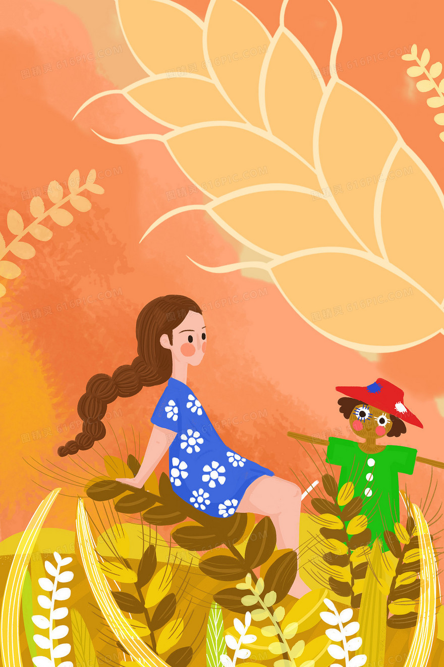 二十四节气芒种手绘卡通麦穗女孩稻草人背景