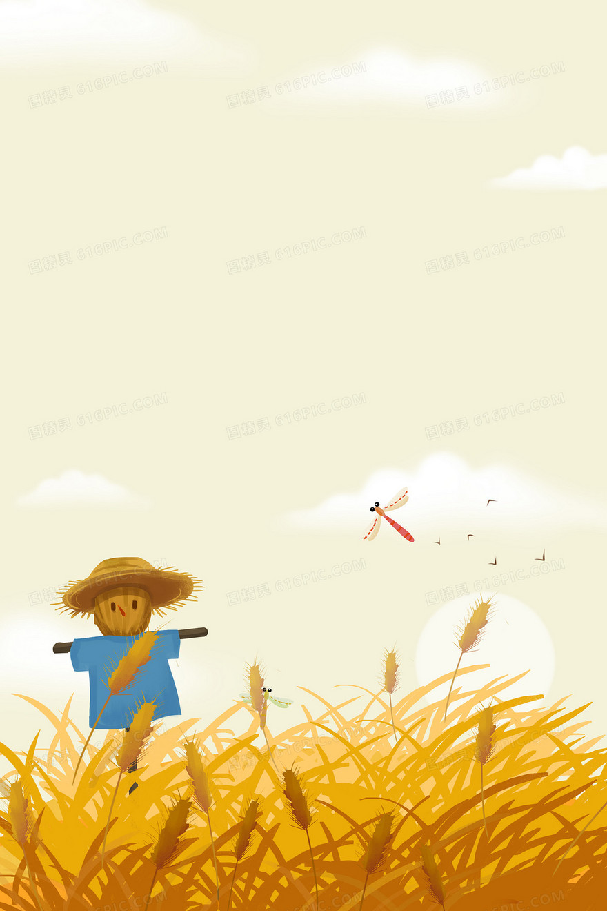 卡通手绘背景农作物成熟稻田稻草人背景