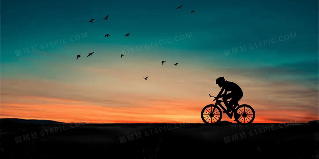 夕阳下骑自行车人物剪影背景