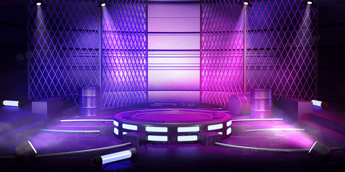紫色炫酷灯光C4D立体舞台电商促销年终年会背景