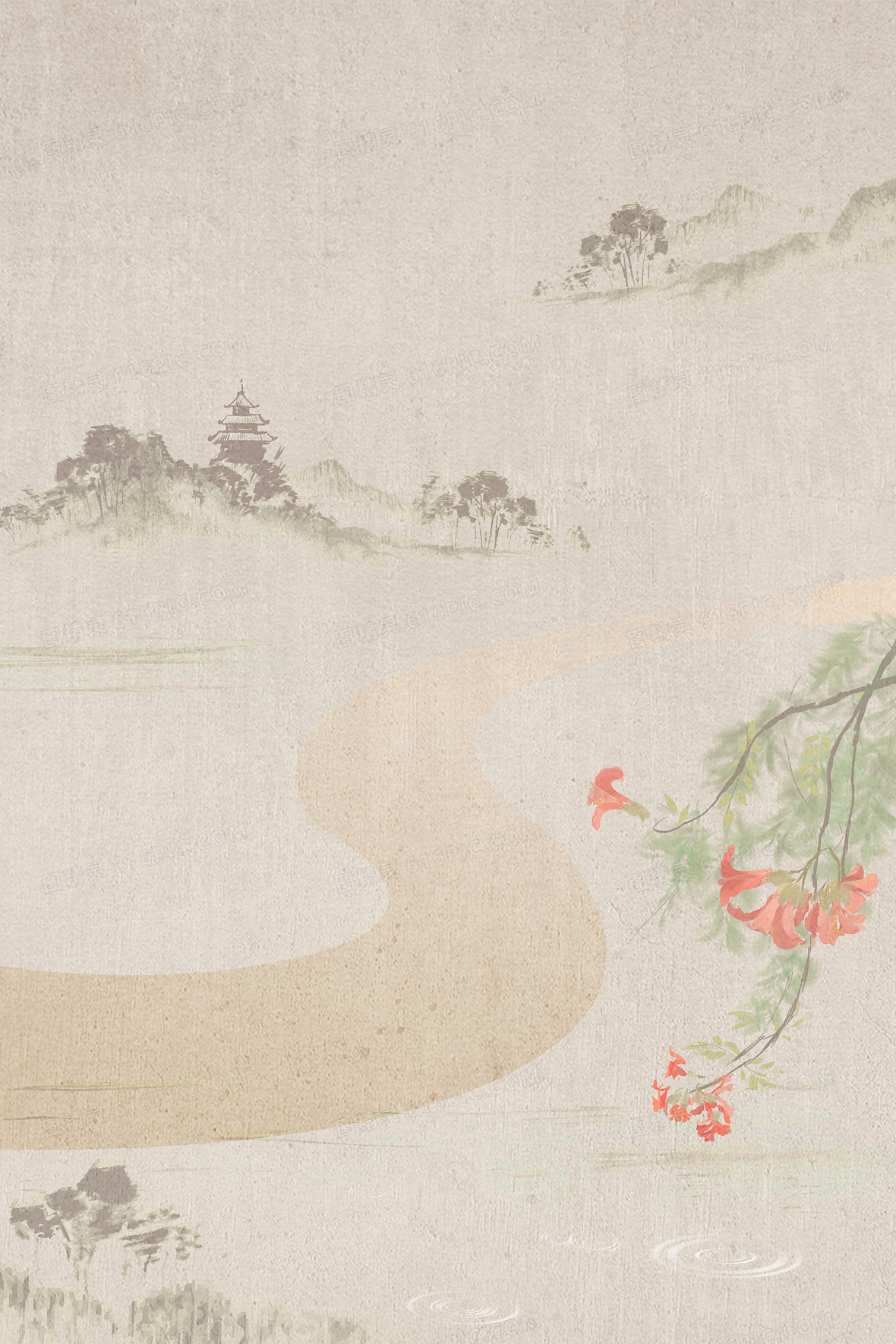 清平乐风格复古质感水墨山水渔船背景背景图片下载_3543x5315像素jpg