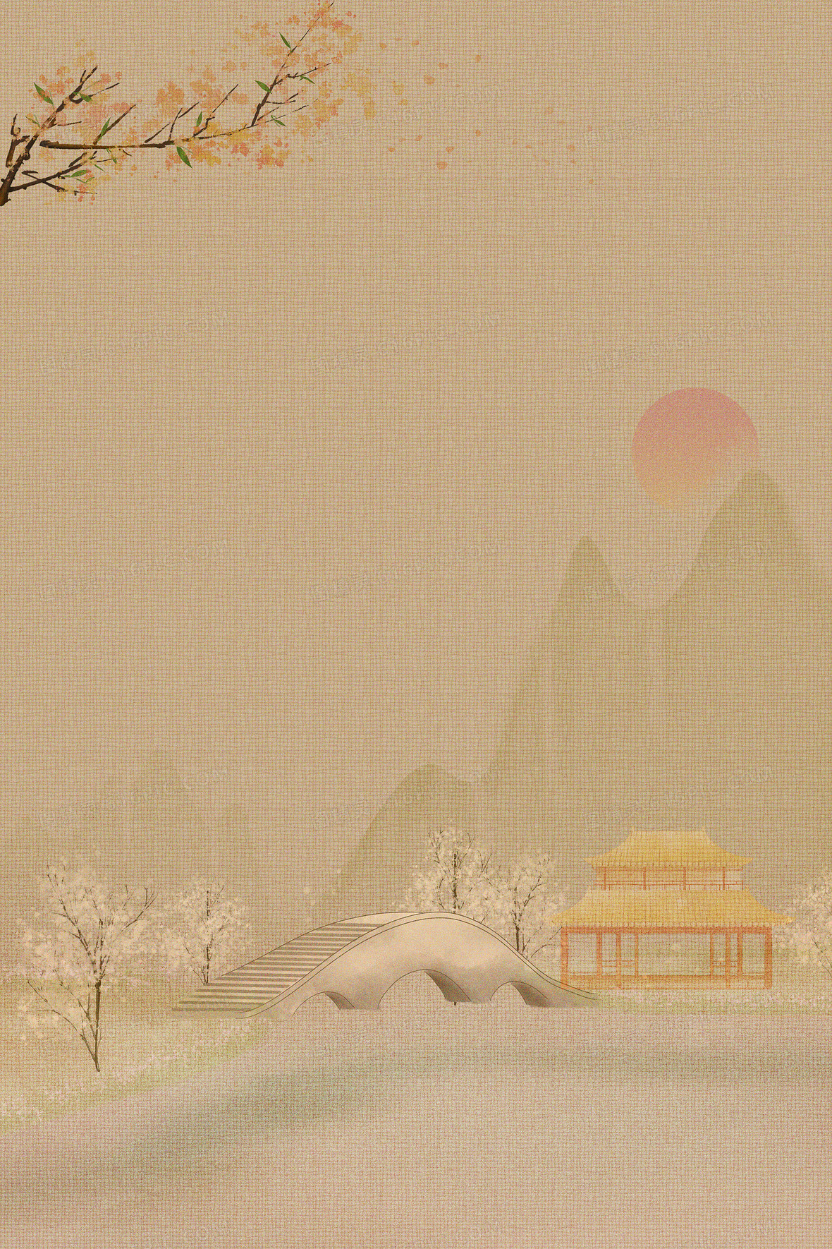 清平乐风格复古质感水墨山水渔船背景背景图片下载_3543x5315像素jpg