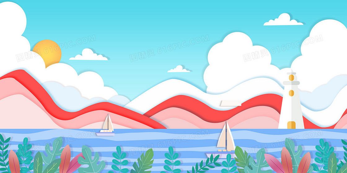 帆船大海风塔创意清新剪纸风背景
