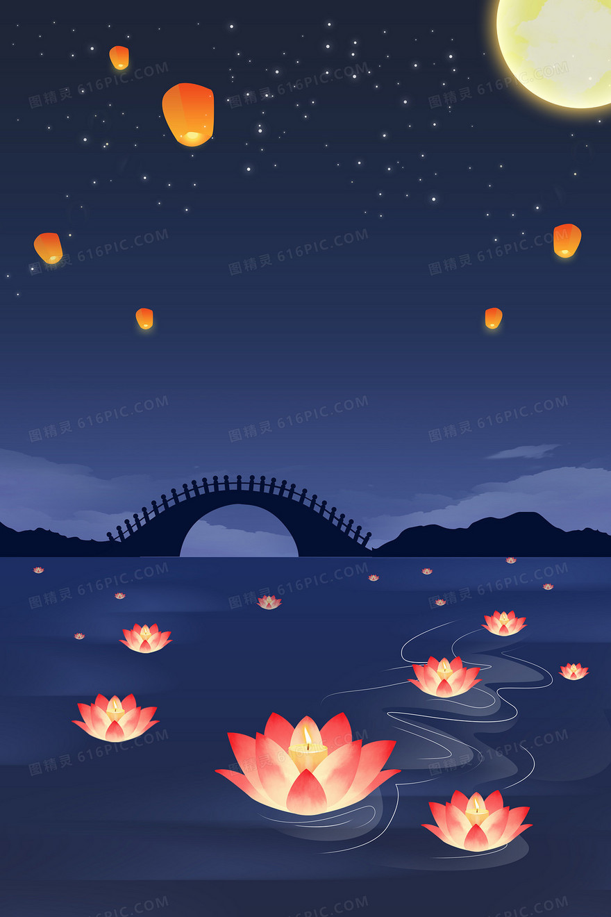 中元节中国风传统节日莲花河灯背景