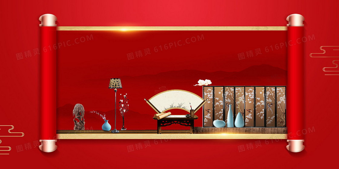 红色新中式中国风大气房地产高级别墅开盘宣传背景