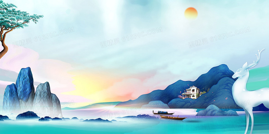蓝色新中式房地产宣传背景