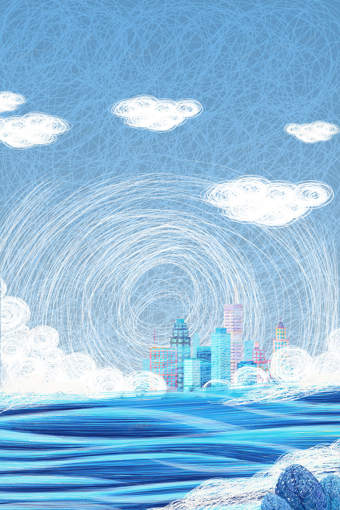 创意质感日出天空城市线圈画背景