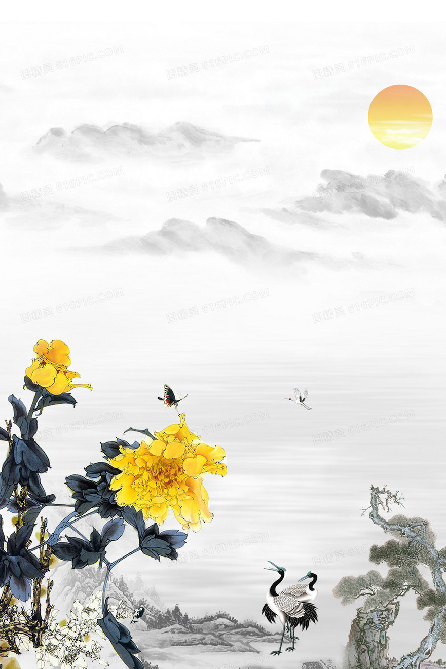 中国风水墨山水重阳节赏菊背景