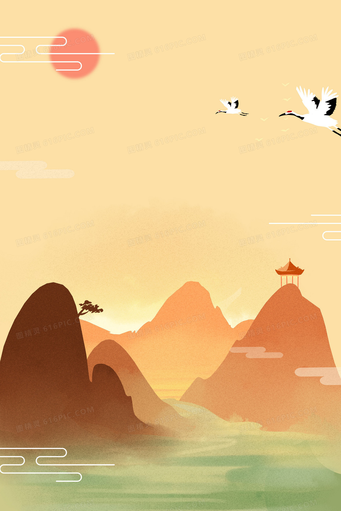 古典中国风唯美仙鹤黄昏背景