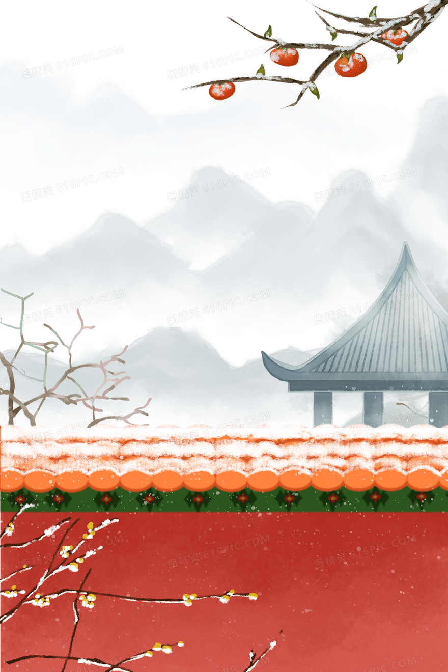 手绘中国风冬季下雪背景