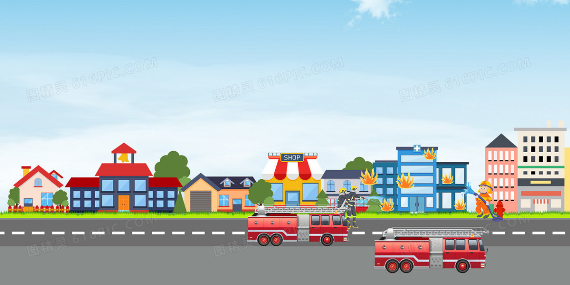 手绘扁平化城市消防宣传背景