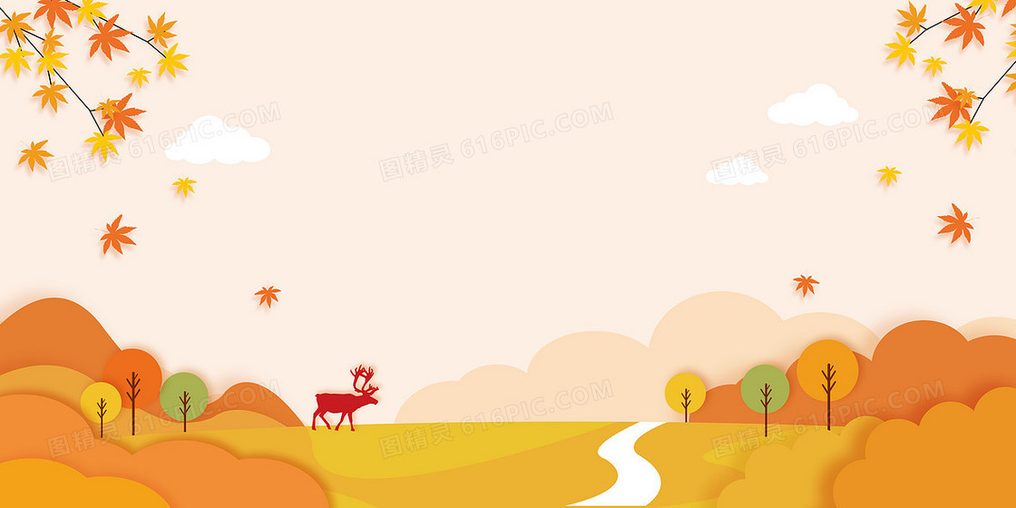 秋季风景麋鹿秋天树木枫叶立体剪纸风背景