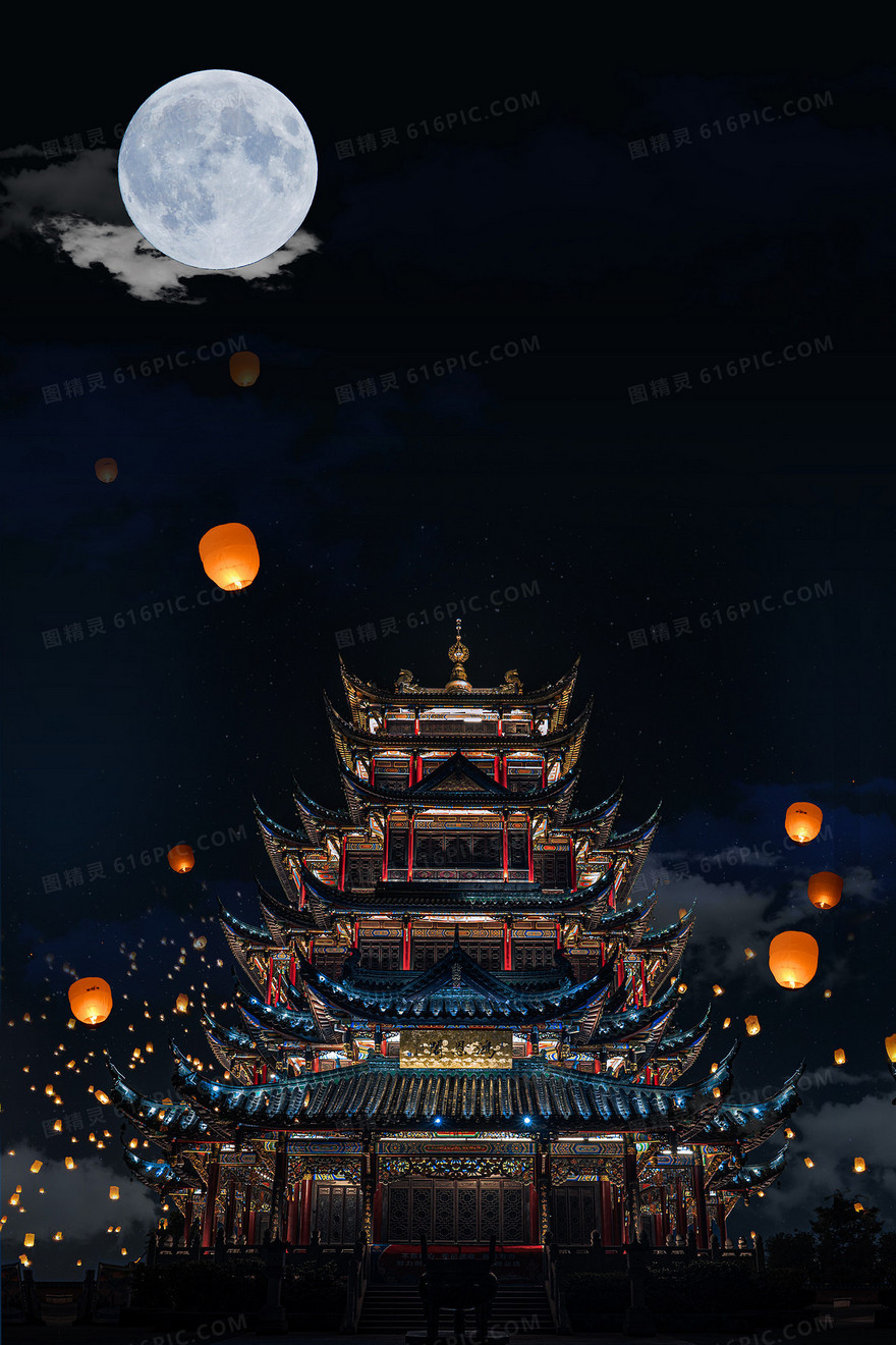鬼节祭祀中国风传统建筑孔明灯背景