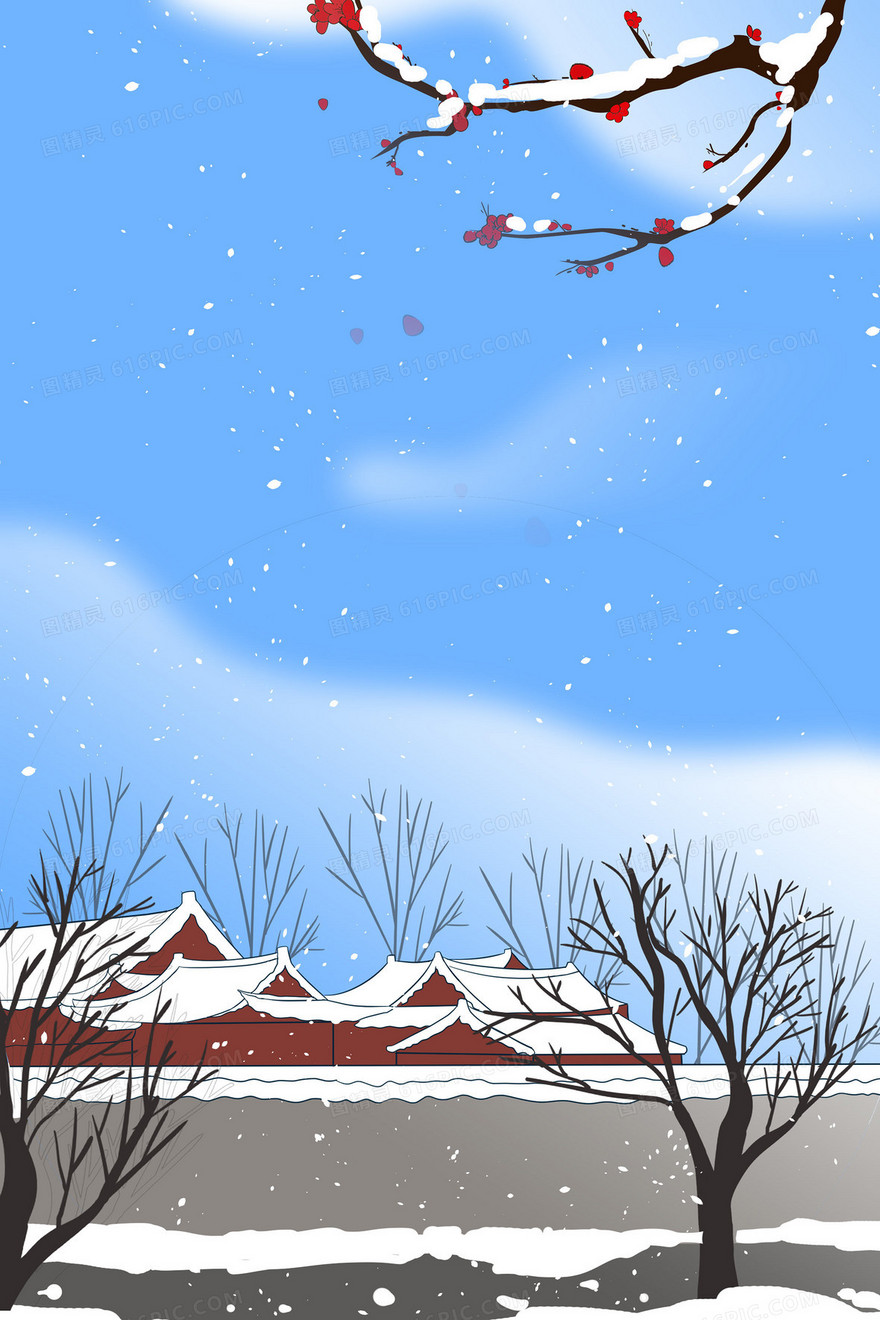 清新手绘冬季降雪背景