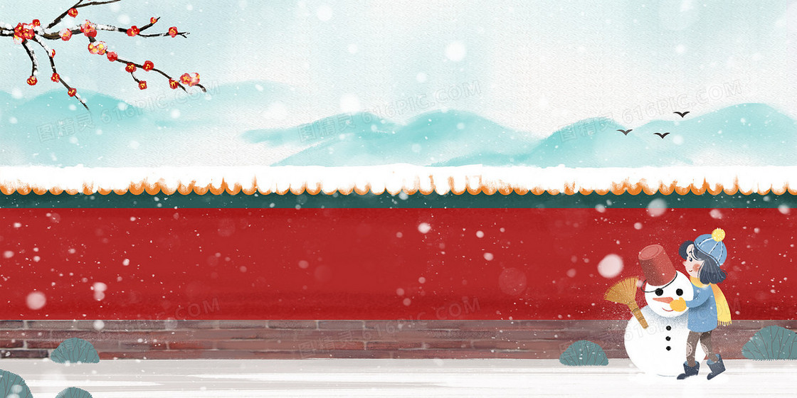 冬季下雪红墙堆雪人背景