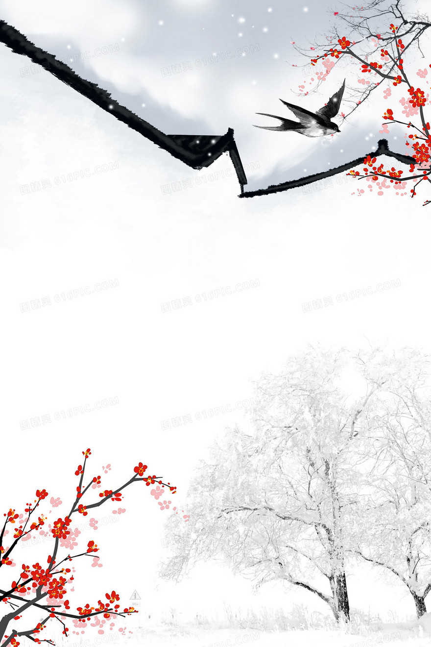 唯美冬天下雪雪景徽派建筑背景