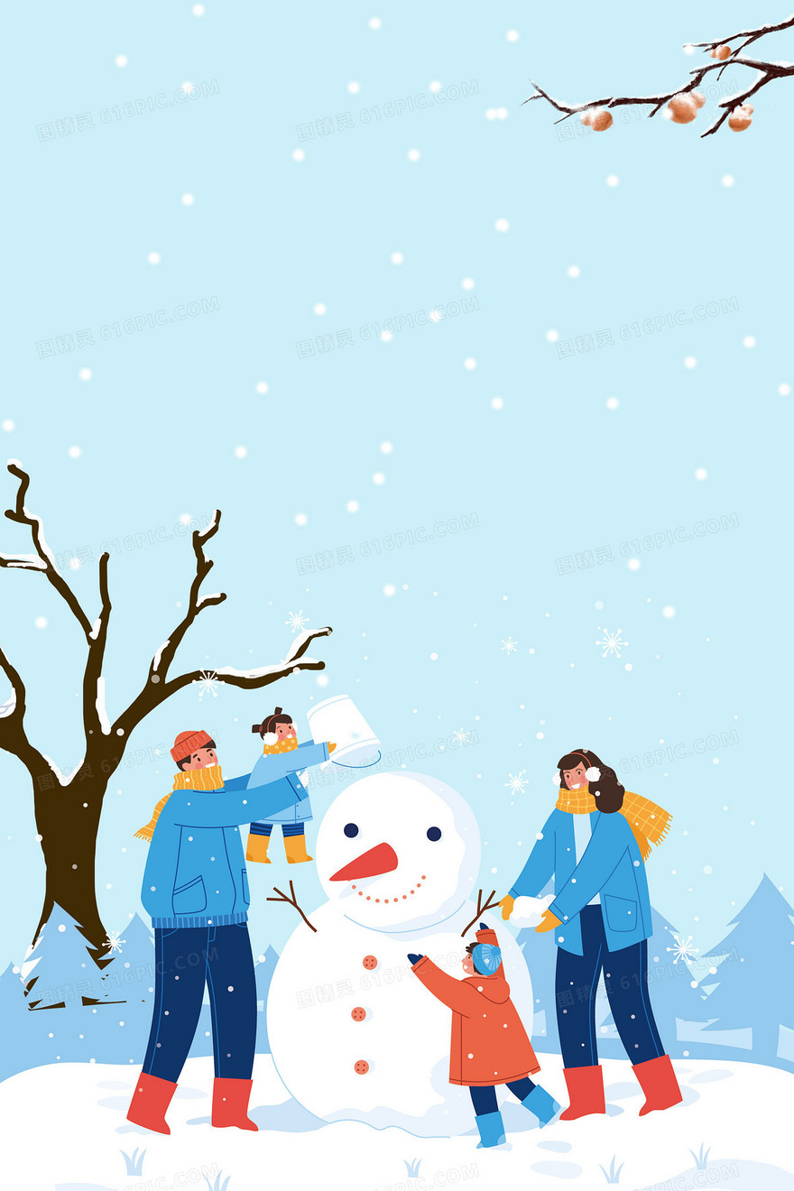 创意大气简约手绘卡通清新冬天堆雪人背景