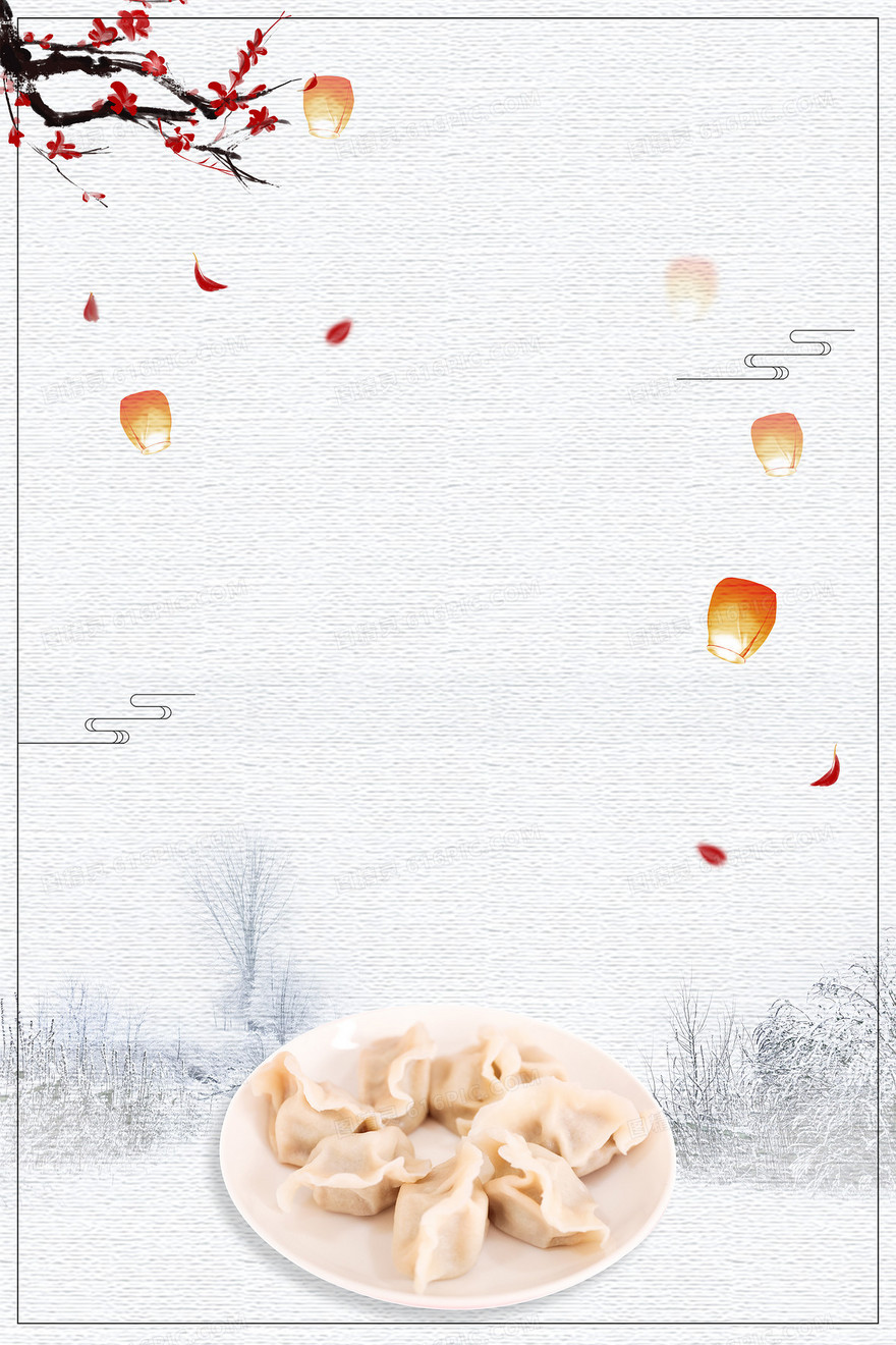 冬季雪景摄影图合成美食饺子中国风背景