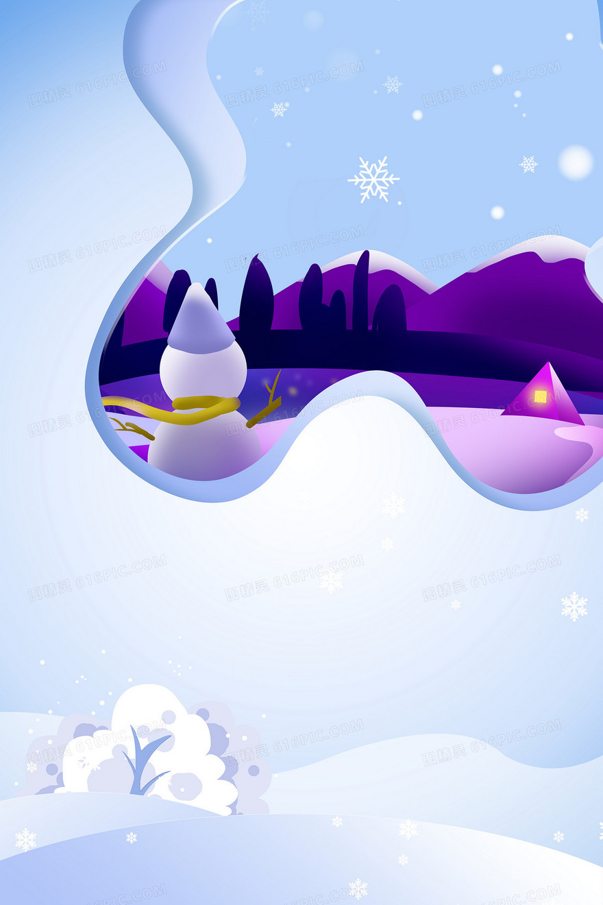 剪纸风小清新雪人冬天背景