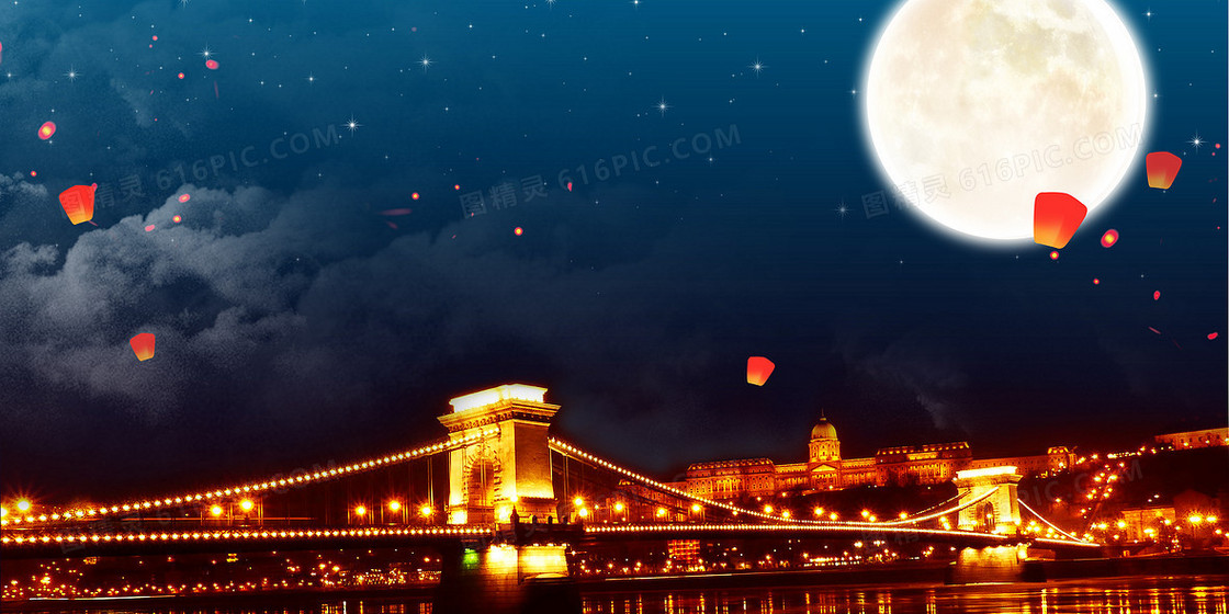 中秋节团圆城市灯光夜景孔明灯祈福背景