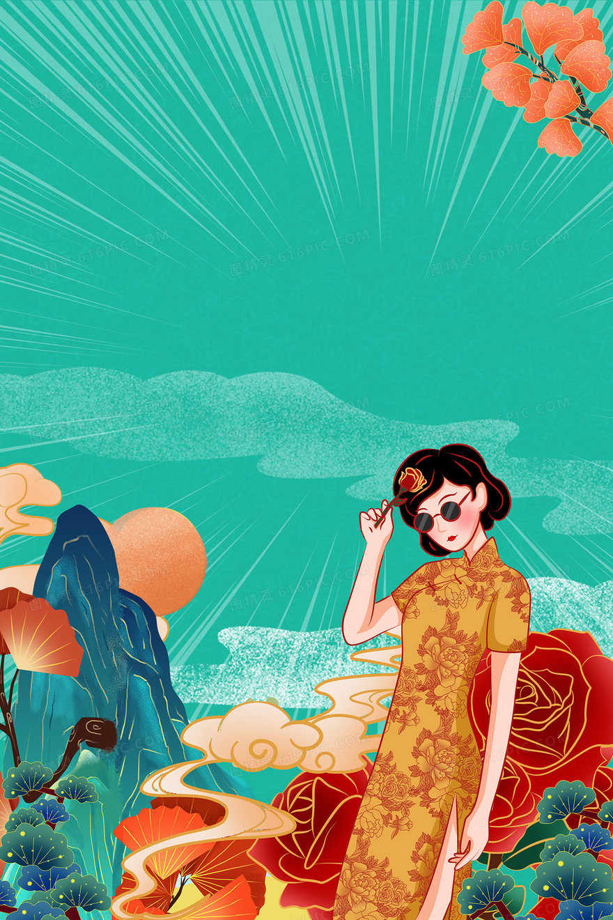 国潮风老上海旗袍美女背景