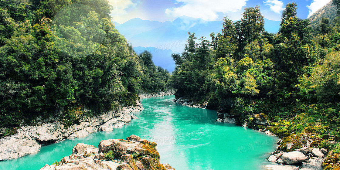 简约青山蓝天绿水大自然背景