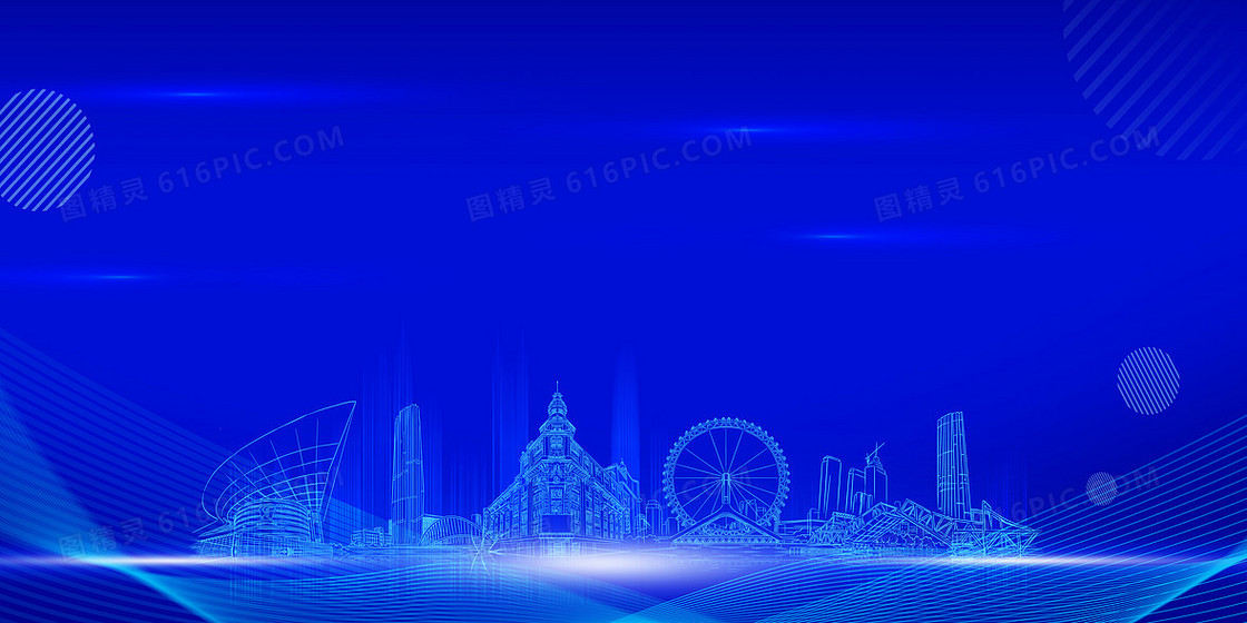 蓝色科技风手绘天津建筑线稿背景