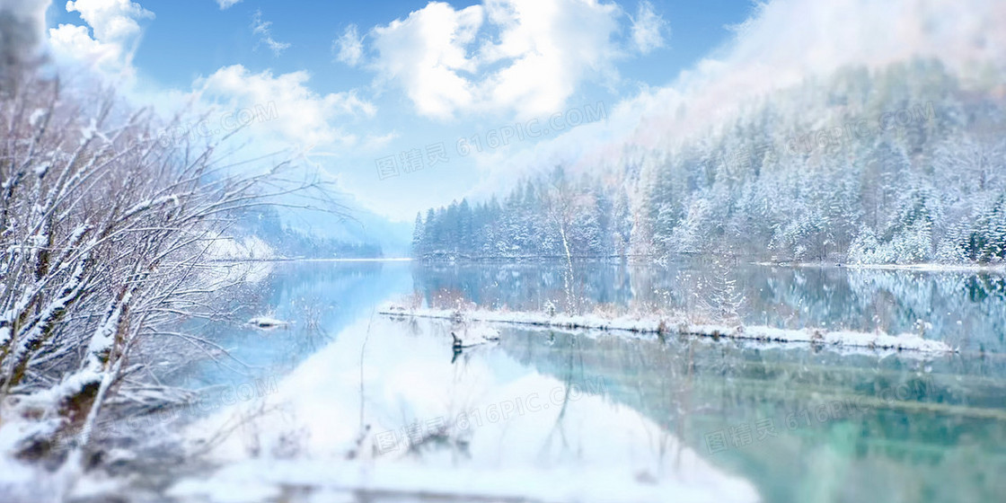 创意摄影图合成雪景江畔孤舟背景