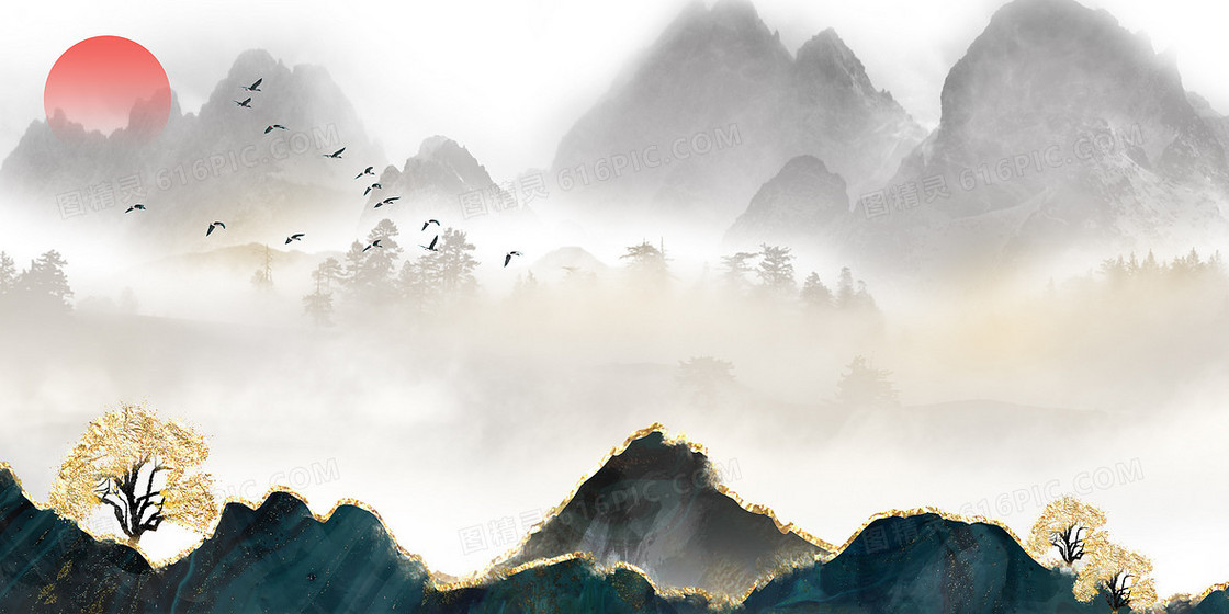 中国风山水轻奢鎏金背景