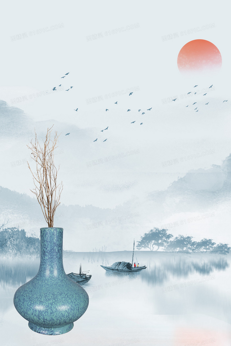 意境中国风山水瓷器背景
