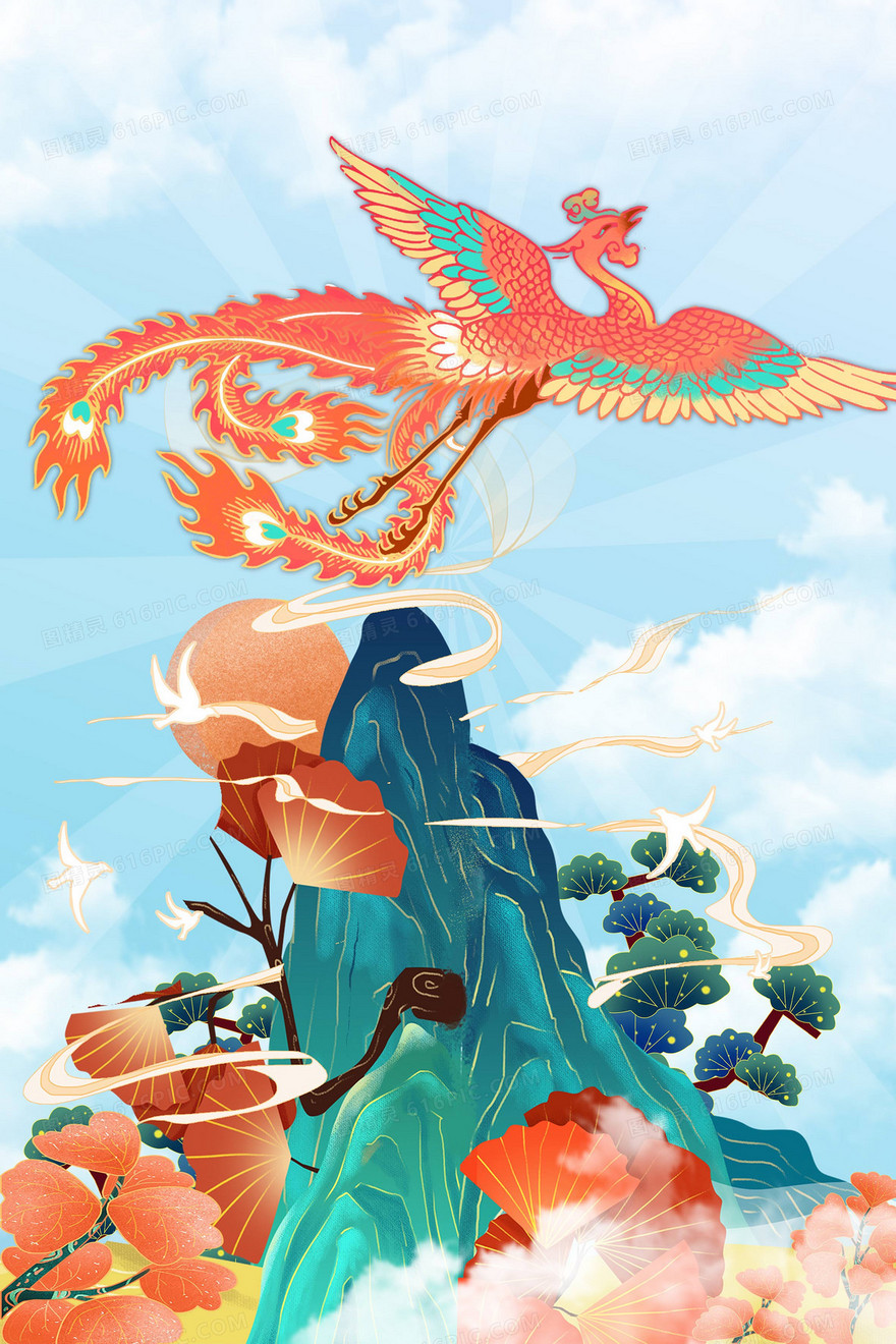 蓝色手绘国潮凤凰插画背景