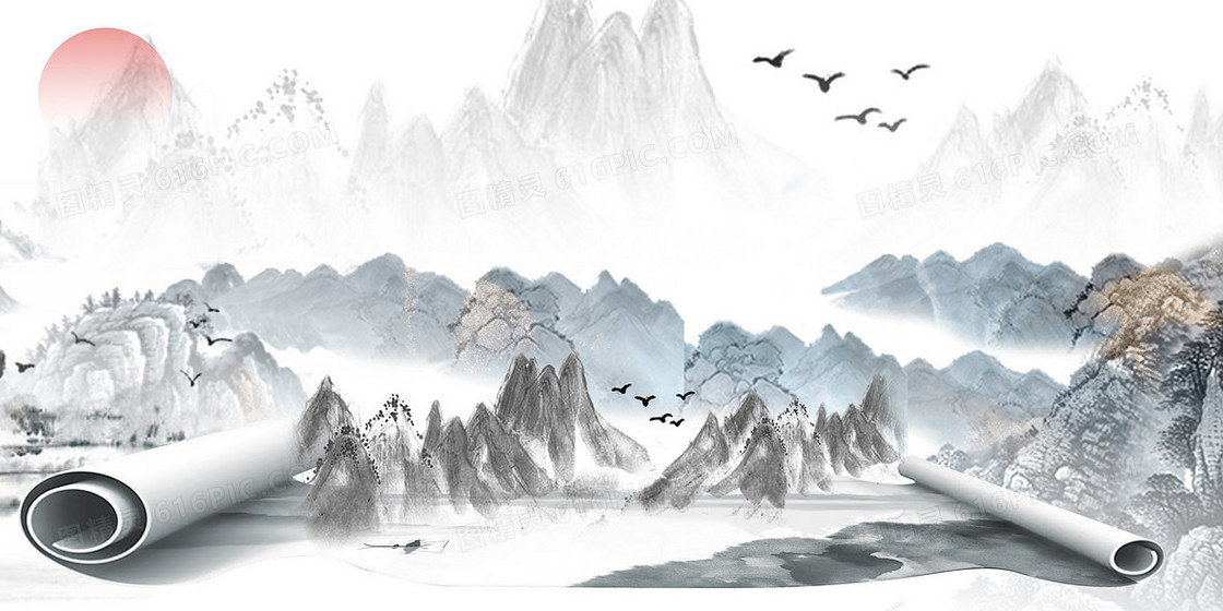 中国风山水飞鸟画卷背景