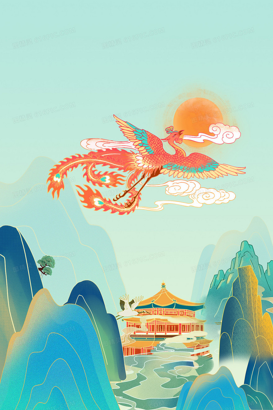 大气清新简约中国风手绘插画凤凰国潮背景