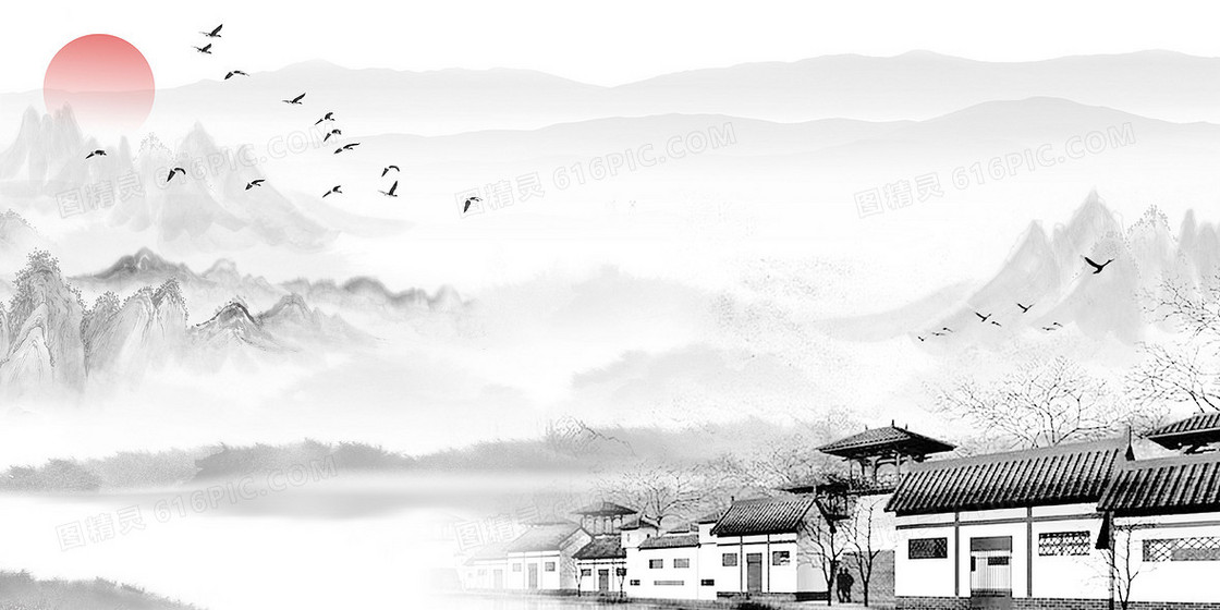 大气山水徽派建筑背景图