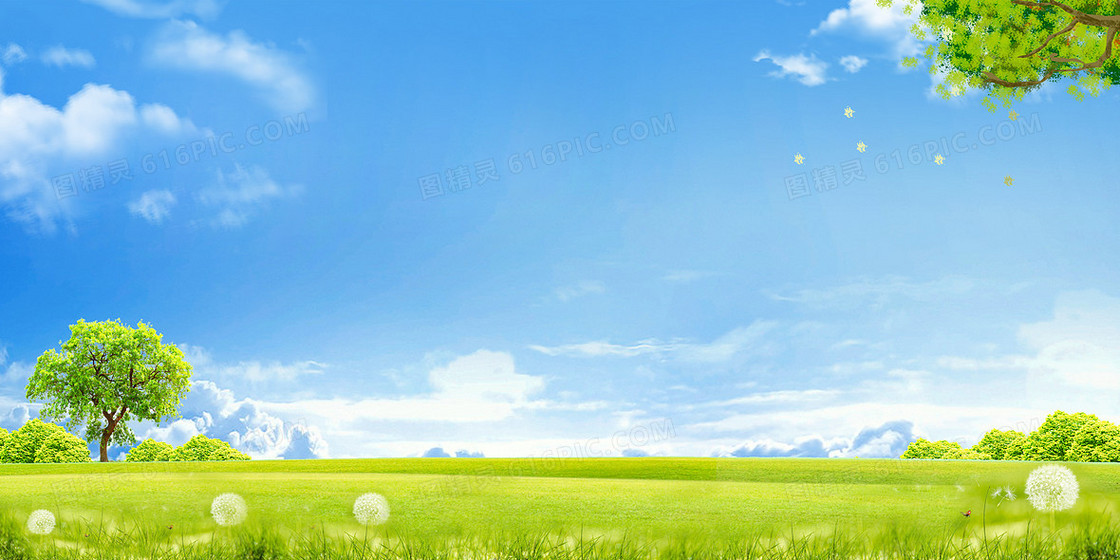 清新草地蓝天白云树木风景摄影图合成背景
