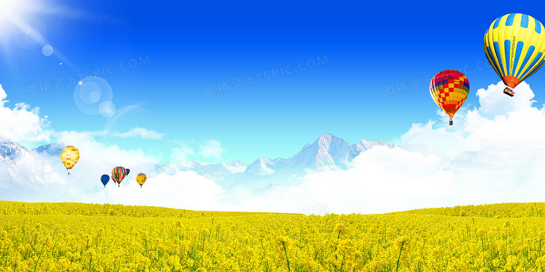 蓝天白云油菜花田热气球摄影图合成背景