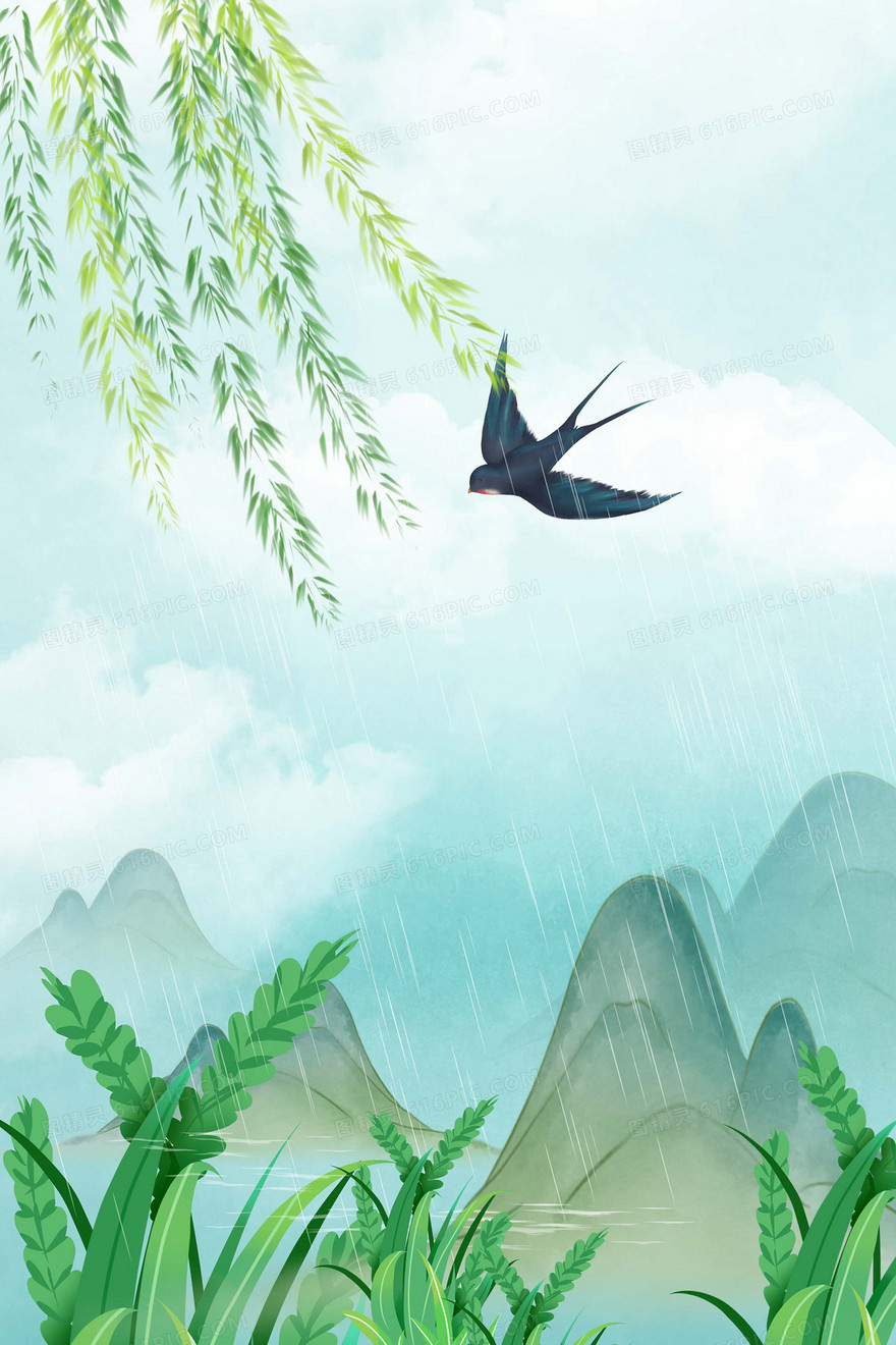 手绘春天万物生长柳条燕子背景