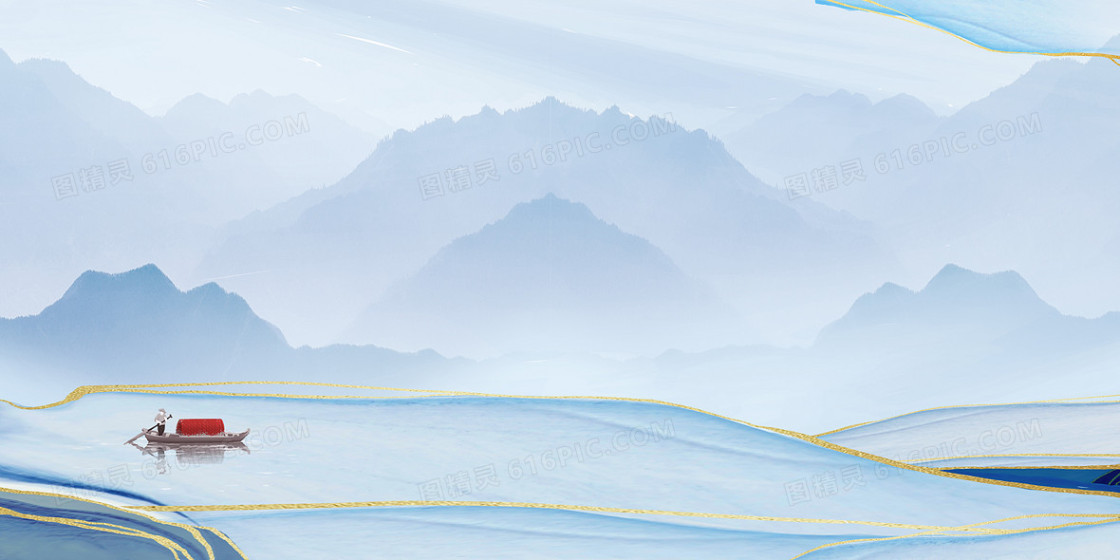 意境水墨鎏金雅致中国风渔船山水背景