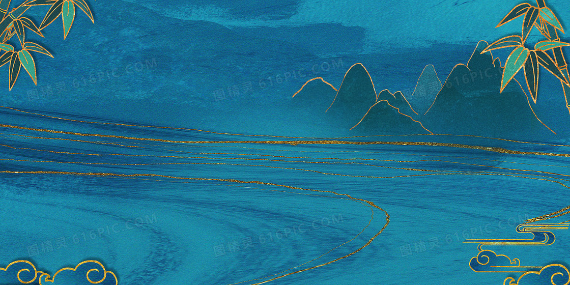 质感雅致中国风鎏金纹理山水竹叶背景