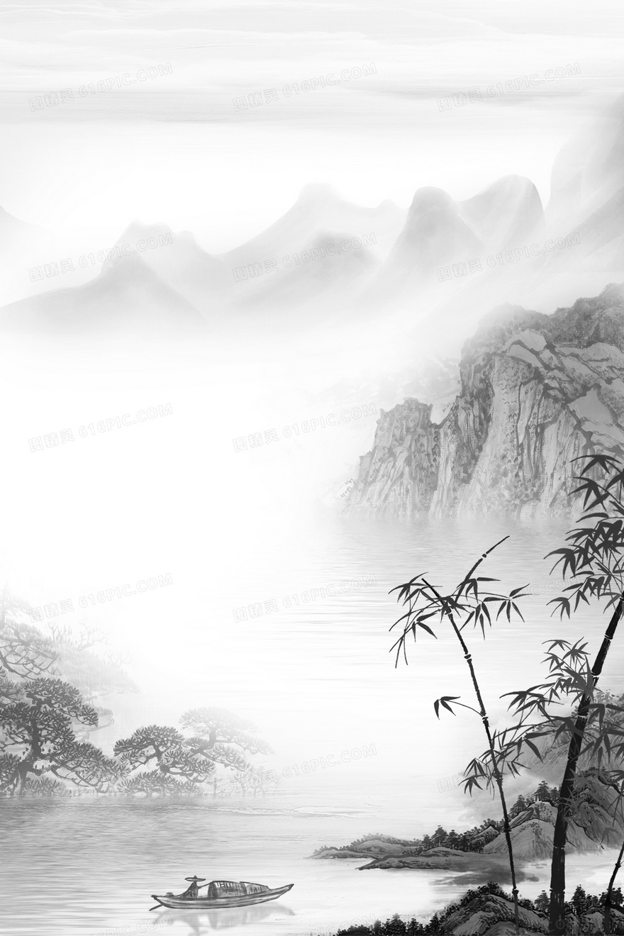 复古水墨中国风山水竹子背景