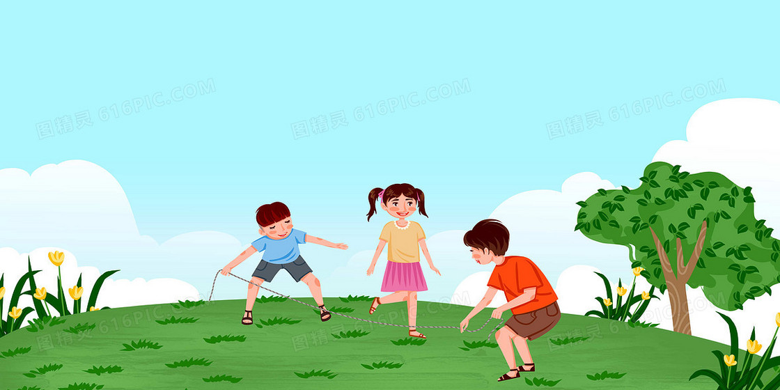 儿童跳绳玩耍插画风背景