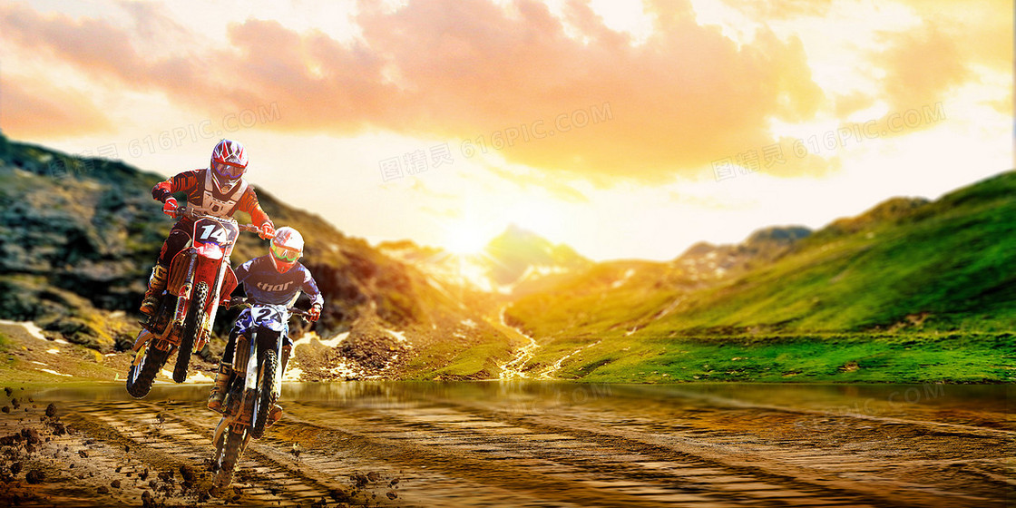 体育运动山地越野摩托车赛摄影图合成背景