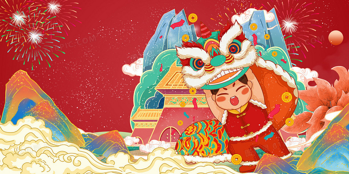 红色国潮中国风新年插画背景