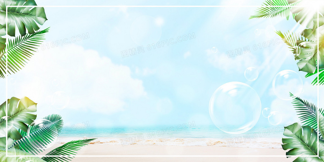 夏天海滩绿植天空阳光边框背景