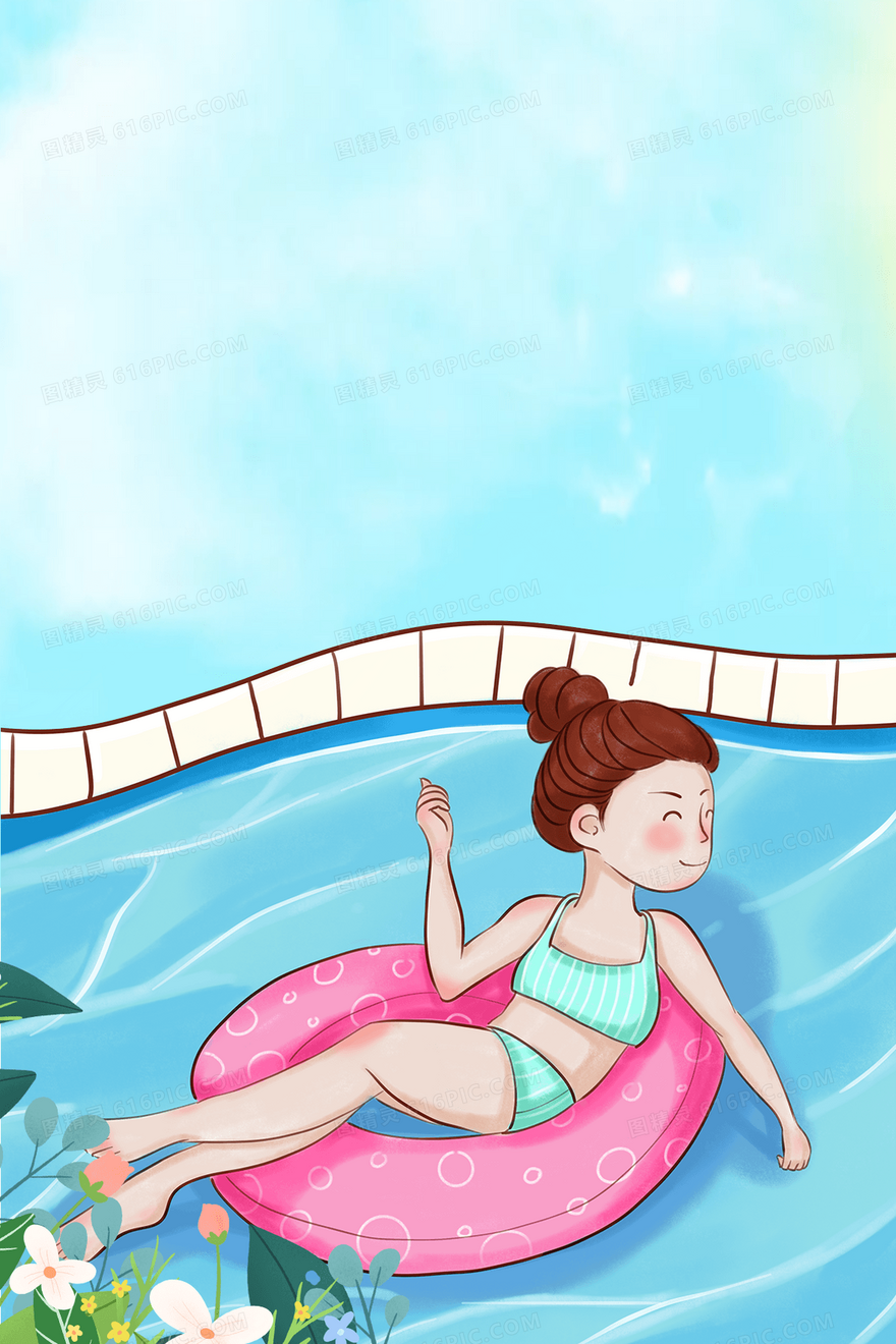 手绘卡通夏天游泳背景