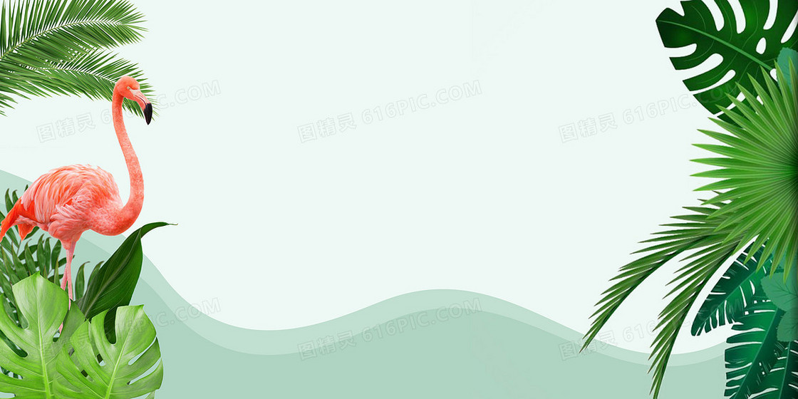 简约大气绿色手绘热带植物火烈鸟背景