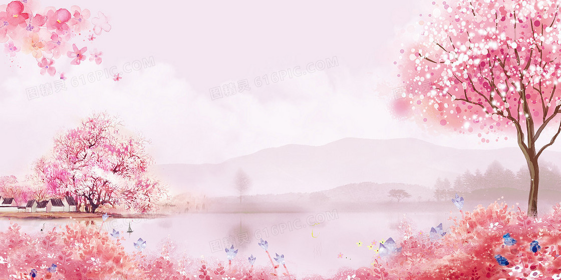 梦幻中国风粉色手绘樱花海报背景
